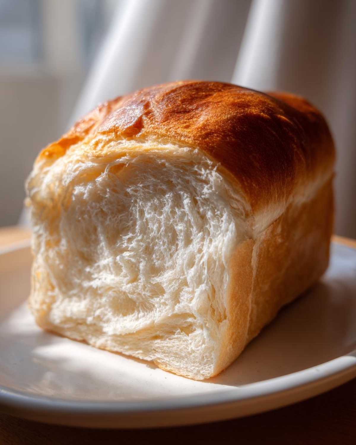 A close-up of a freshly baked loaf of condensed milk bread showing its fluffy white interior and golden-brown crust.