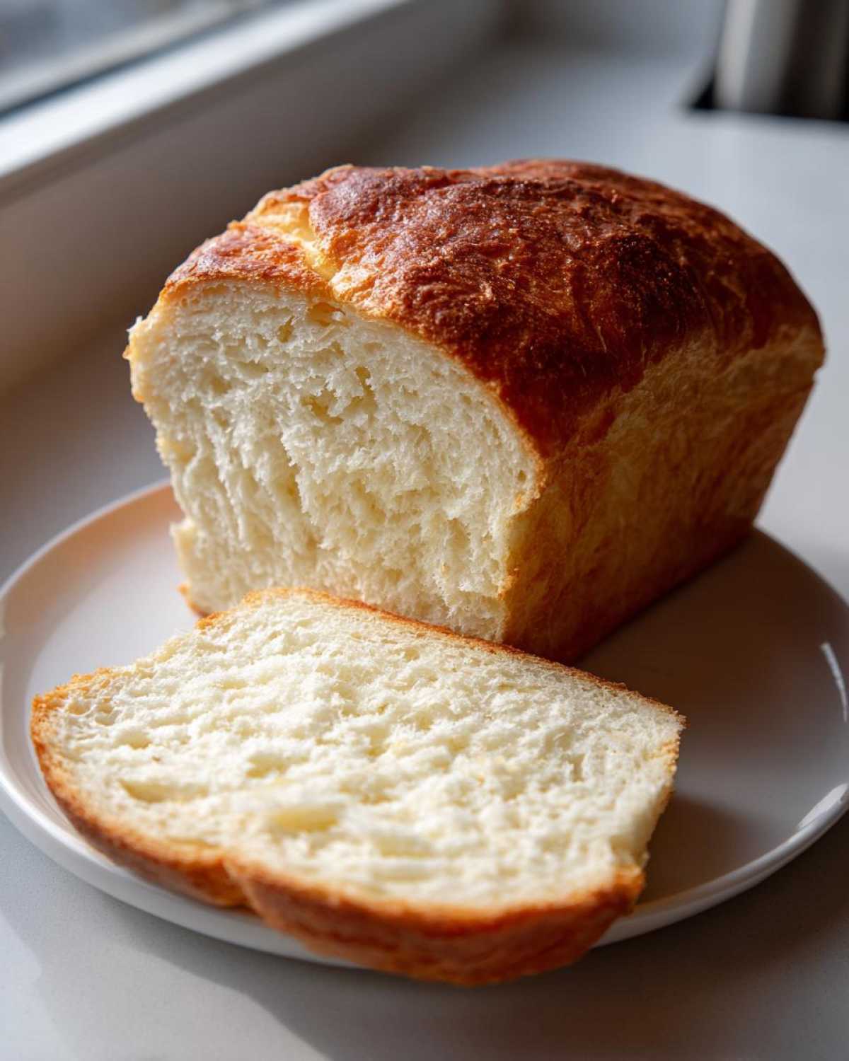 A loaf of soft condensed milk bread, partially sliced, resting on a white plate near a window.