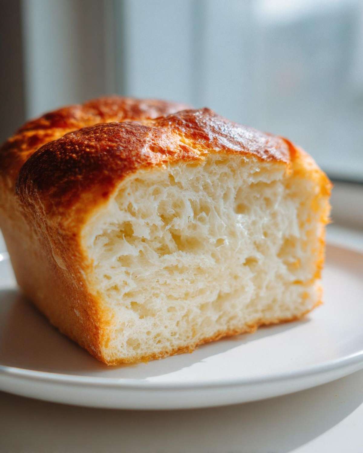 Close-up of a slice of soft, fluffy condensed milk bread showing the white, airy crumb and golden crust.