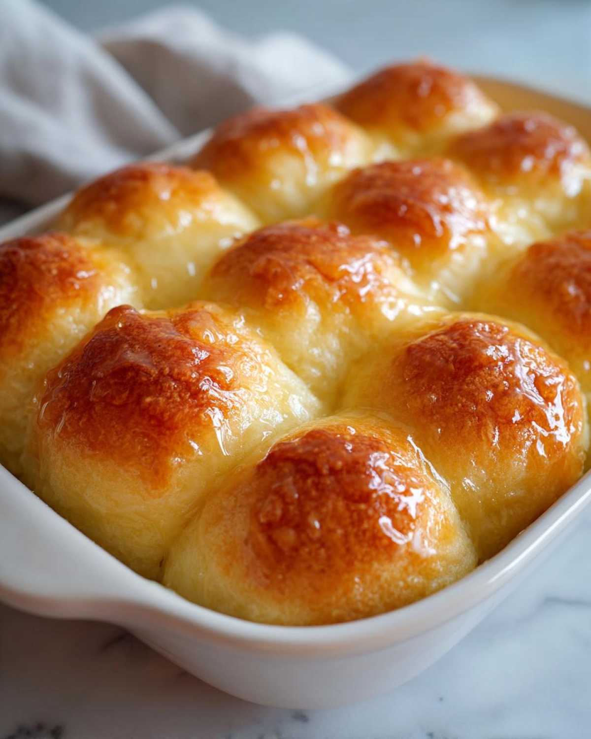 A close-up view of freshly baked, golden-brown dinner rolls glistening with a sweet glaze in a white baking dish.