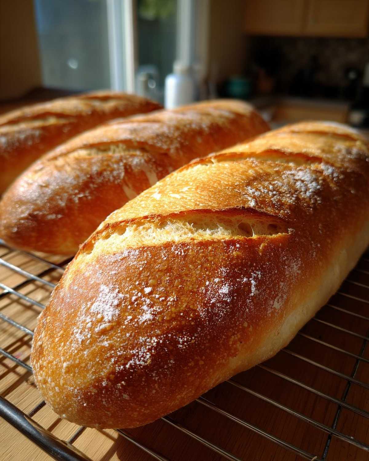 Close-up of three golden brown loaves of soft French bread cooling on a wire rack in the sunlight.