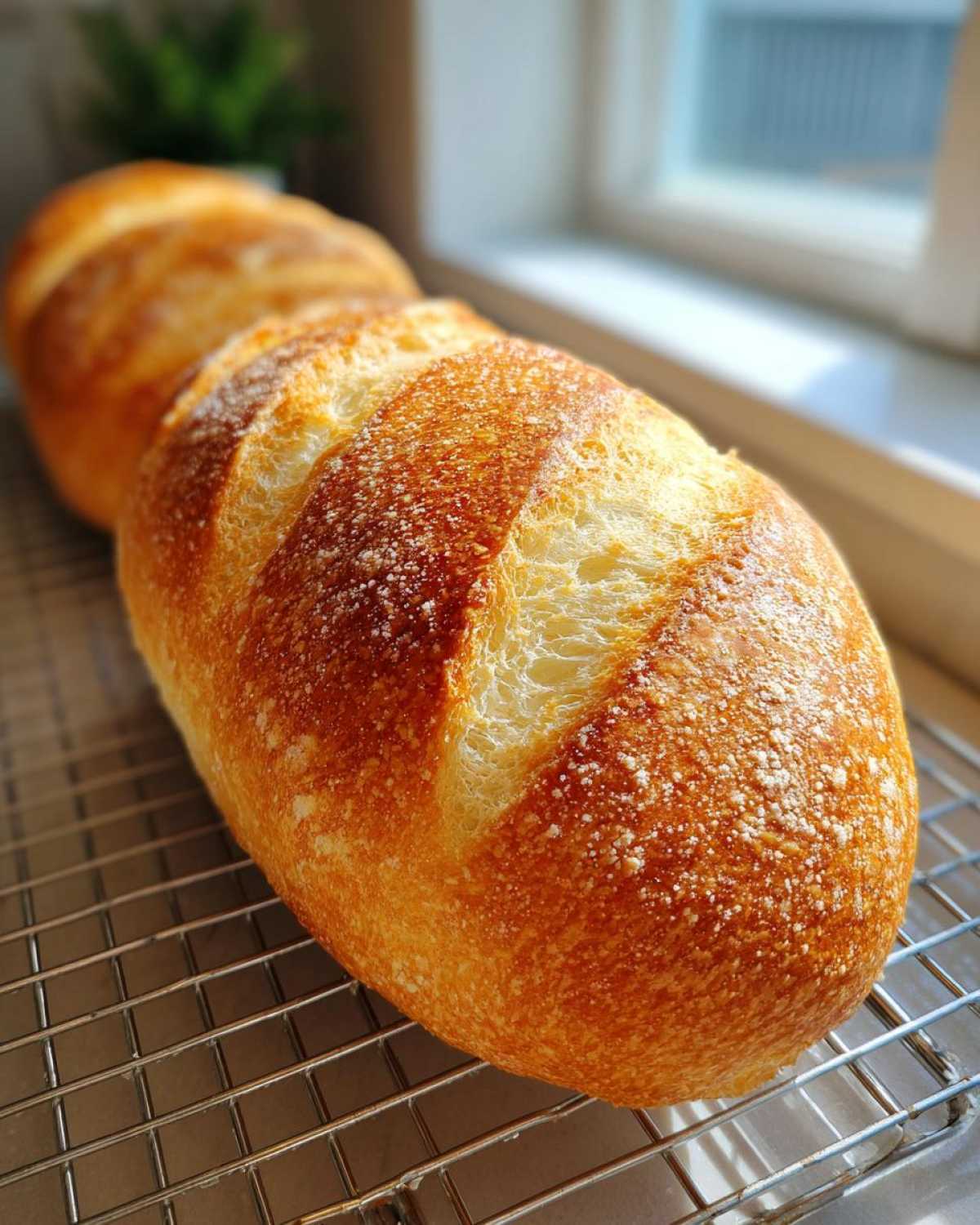 Close-up of a golden-brown, scored loaf of soft French bread resting on a wire cooling rack near a window.