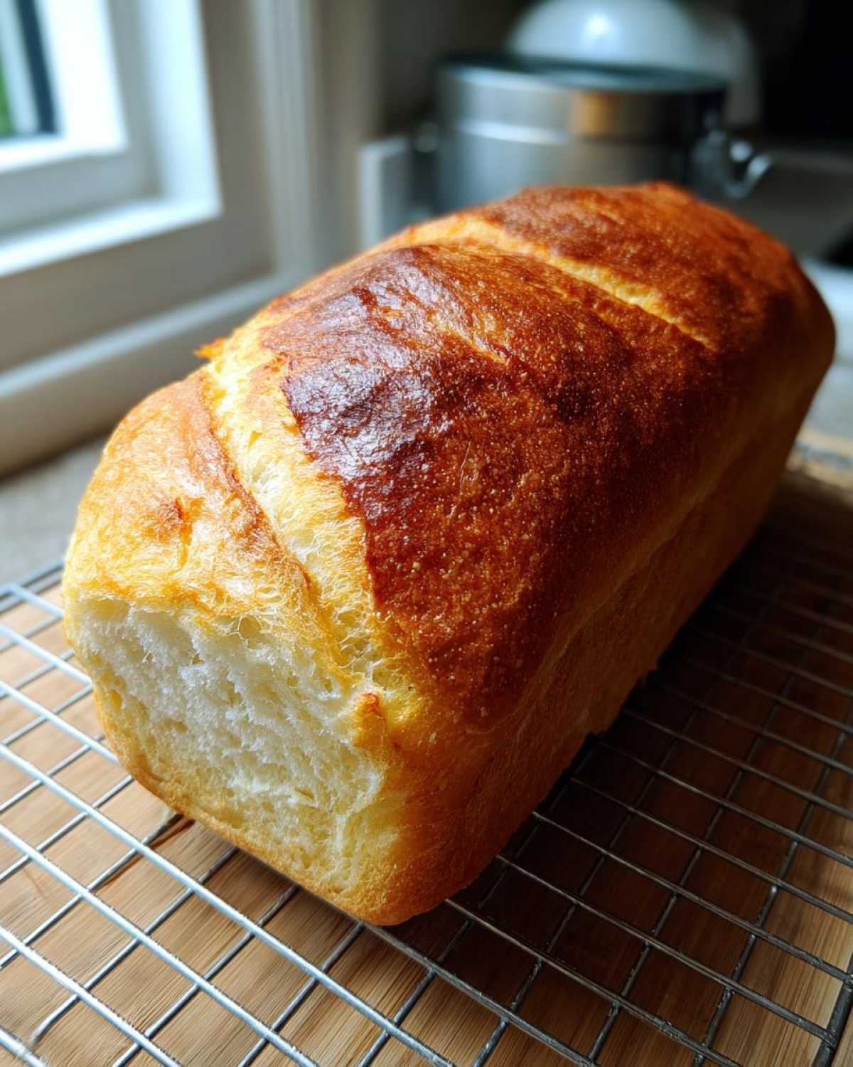 A golden-brown, freshly baked loaf of soft french bread cooling on a wire rack.