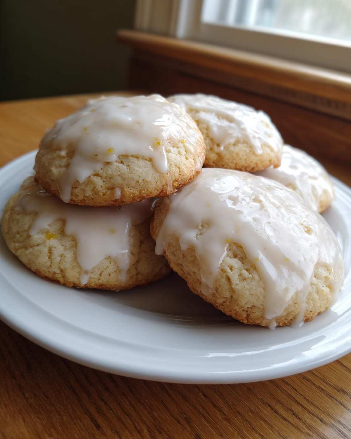 A stack of soft, round ricotta cookies generously topped with a thick, white lemon glaze.