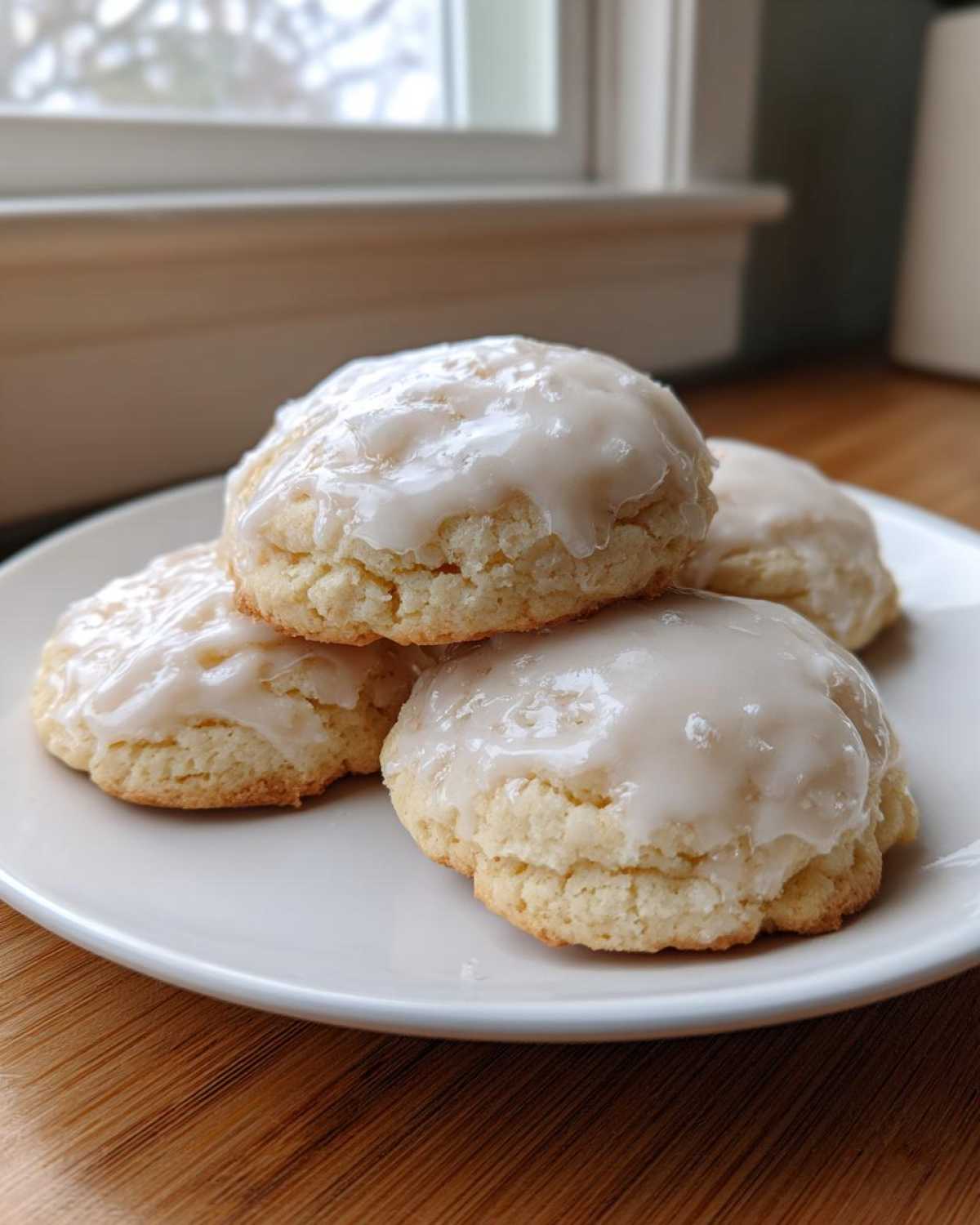 A stack of four soft ricotta cookies topped with a thick, white glaze, resting on a white plate.