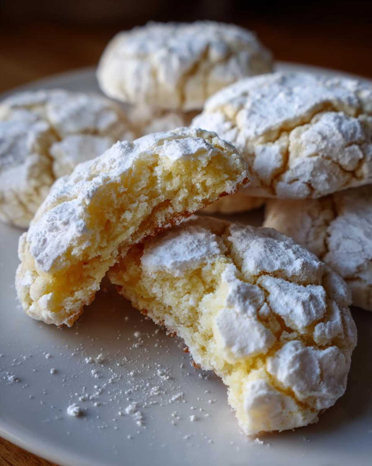 Close-up of a lemon crinkle cookie broken in half, showing the soft, yellow interior and thick powdered sugar coating.