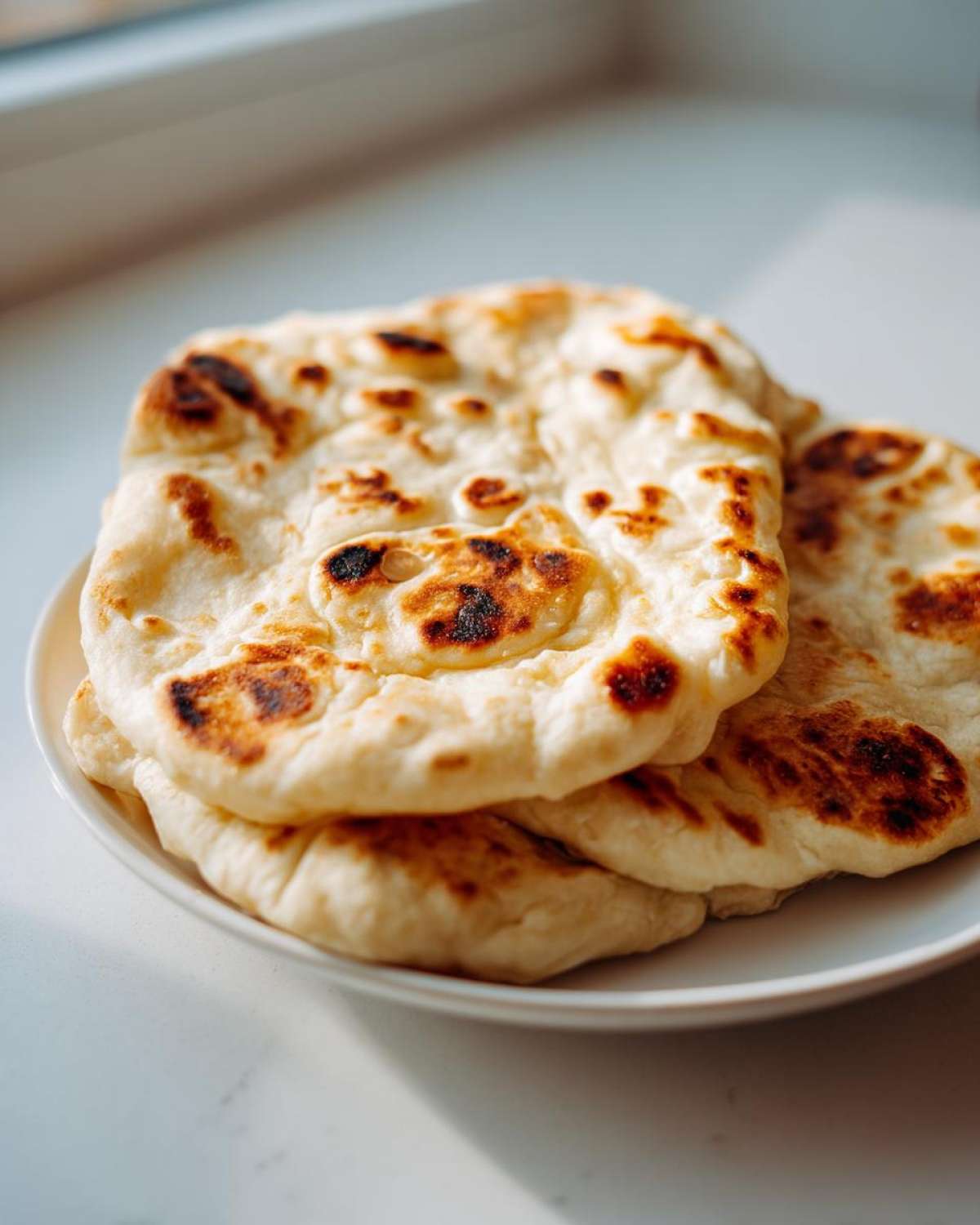 Three pieces of soft naan bread stacked on a white plate, showing characteristic charred bubbles from cooking.