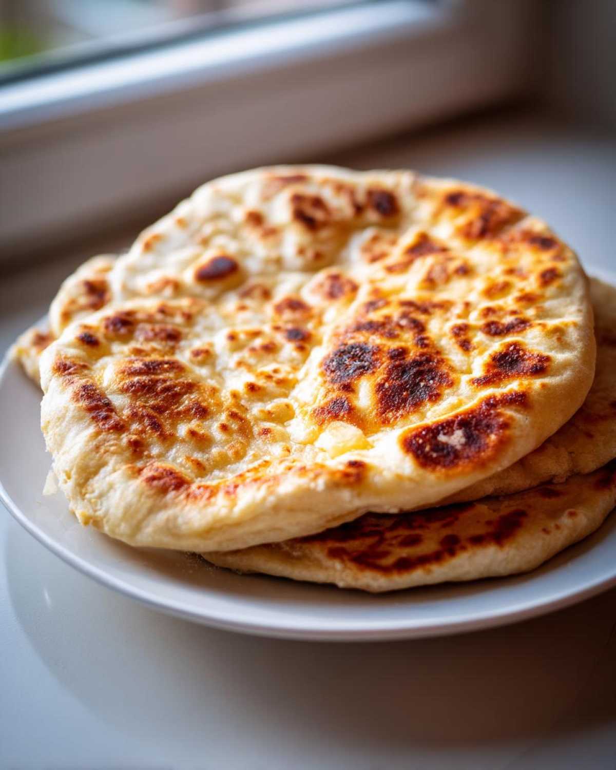 Close-up of a stack of freshly cooked, soft naan bread recipe rounds with golden brown and slightly charred spots.
