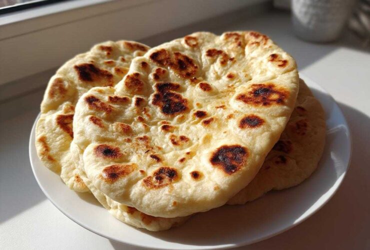 A stack of three freshly made, soft naan bread rounds with beautiful golden-brown charred spots, resting on a white plate.
