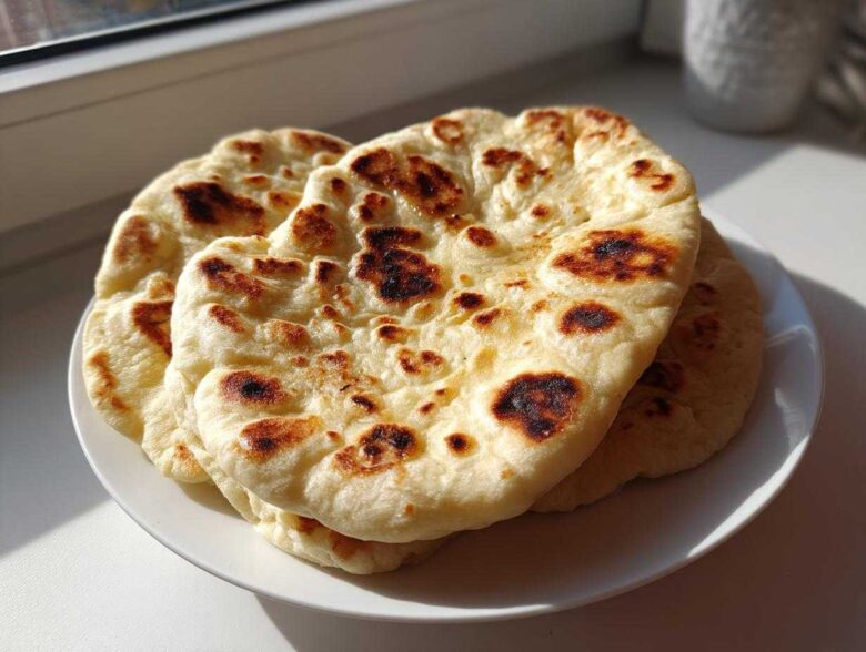 A stack of three freshly made, soft naan bread rounds with beautiful golden-brown charred spots, resting on a white plate.