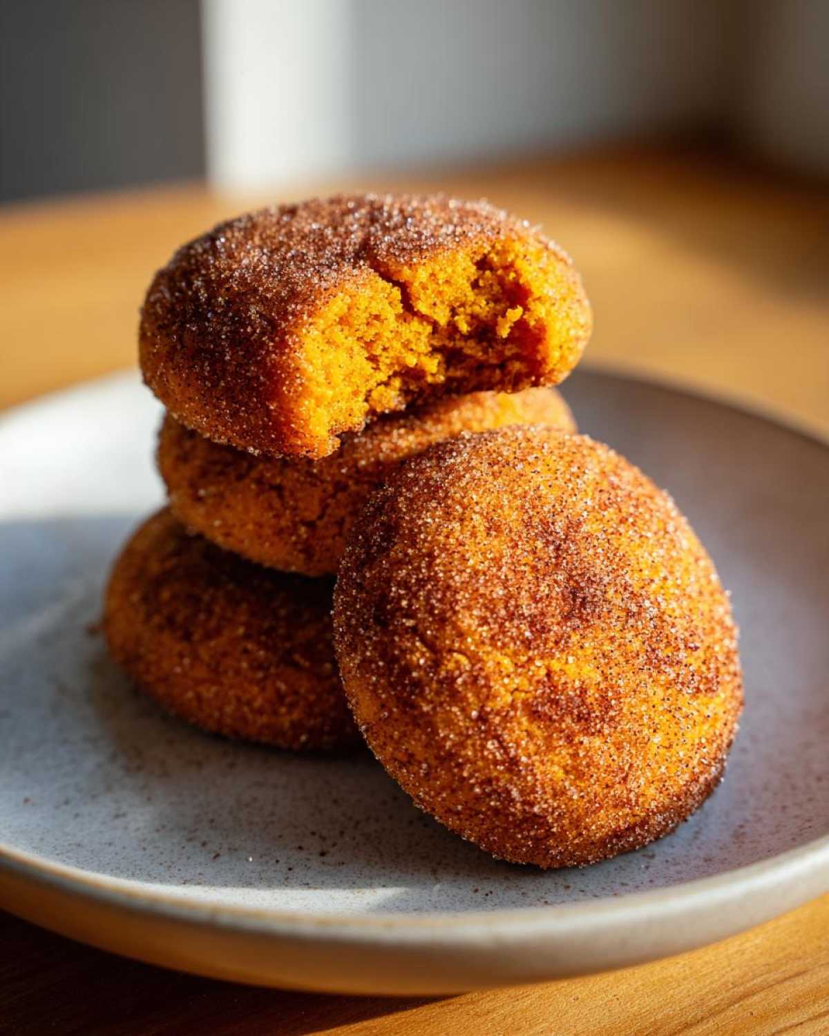 A stack of three soft pumpkin snickerdoodle cookies coated in cinnamon sugar, with the top cookie having a bite taken out.