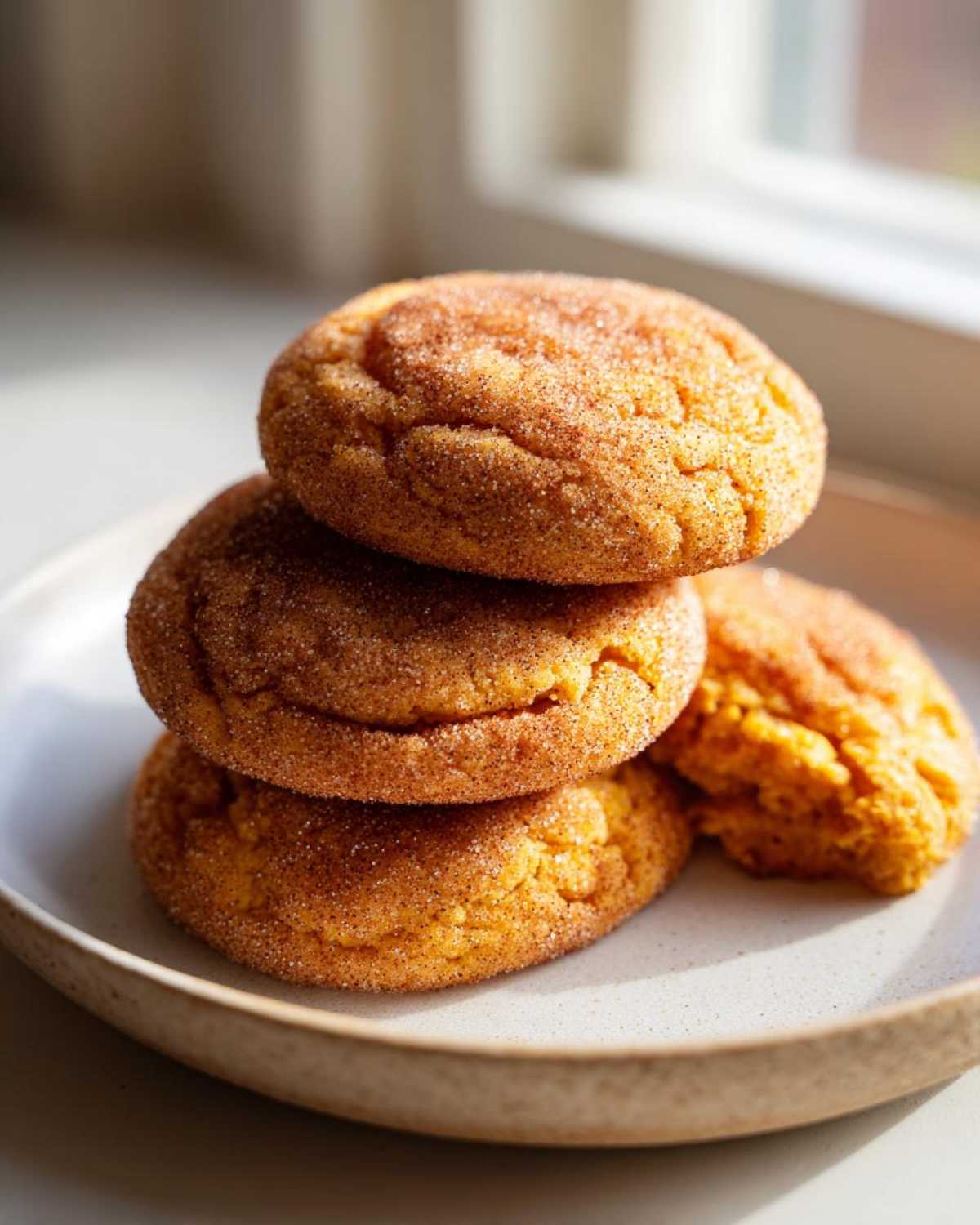 A stack of three soft pumpkin snickerdoodle cookies coated in cinnamon sugar, resting on a light plate.