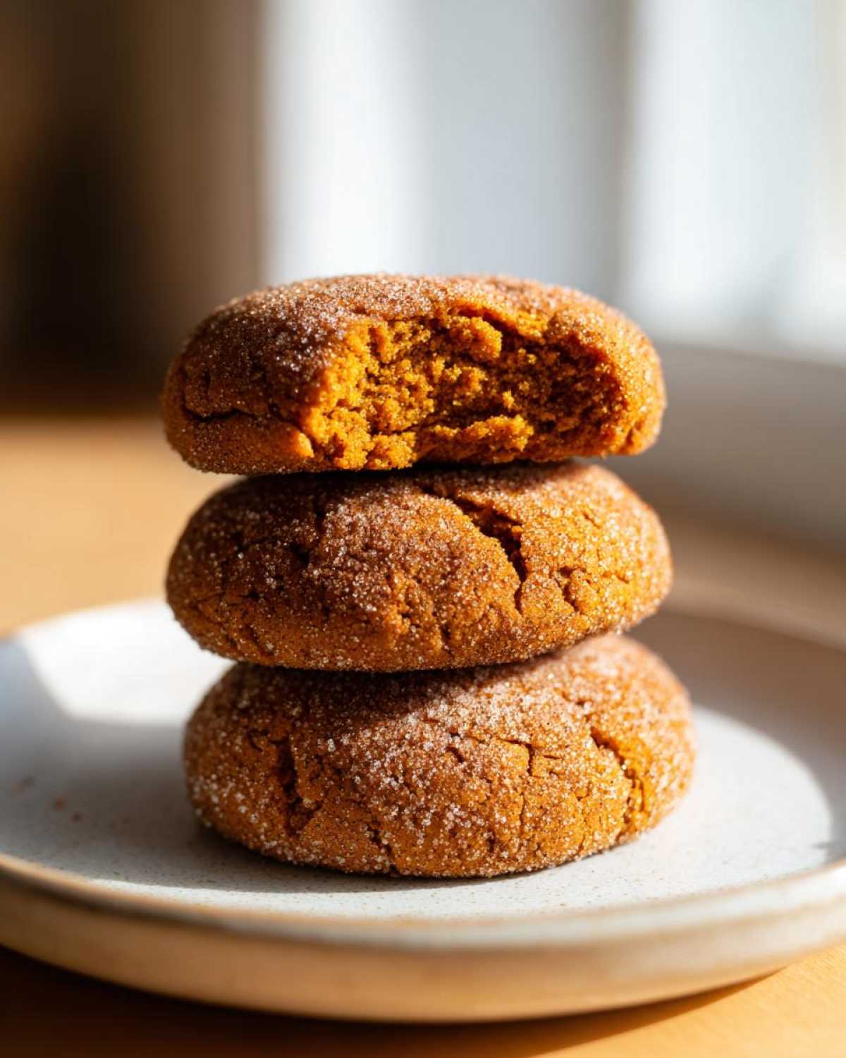 Three soft, round pumpkin snickerdoodle cookies stacked on a plate, the top one having a bite taken out showing the moist interior.