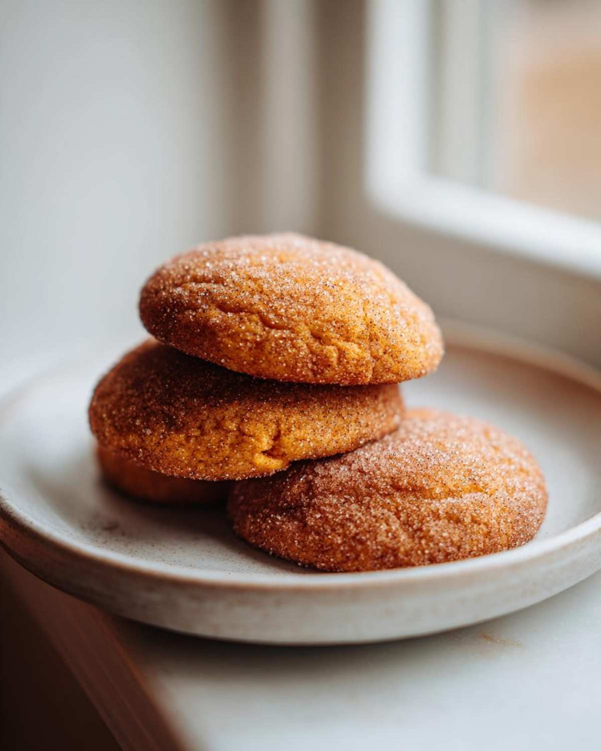 A stack of three soft, round pumpkin snickerdoodle cookies coated in cinnamon sugar on a light plate.