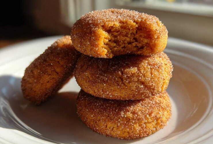A stack of three soft pumpkin snickerdoodle cookies coated in cinnamon sugar, with the top one having a bite taken out.