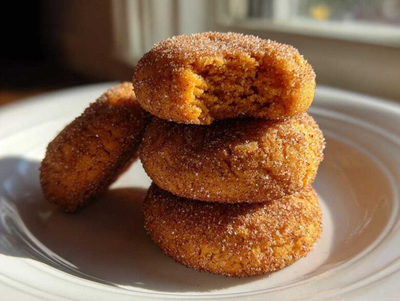 A stack of three soft pumpkin snickerdoodle cookies coated in cinnamon sugar, with the top one having a bite taken out.