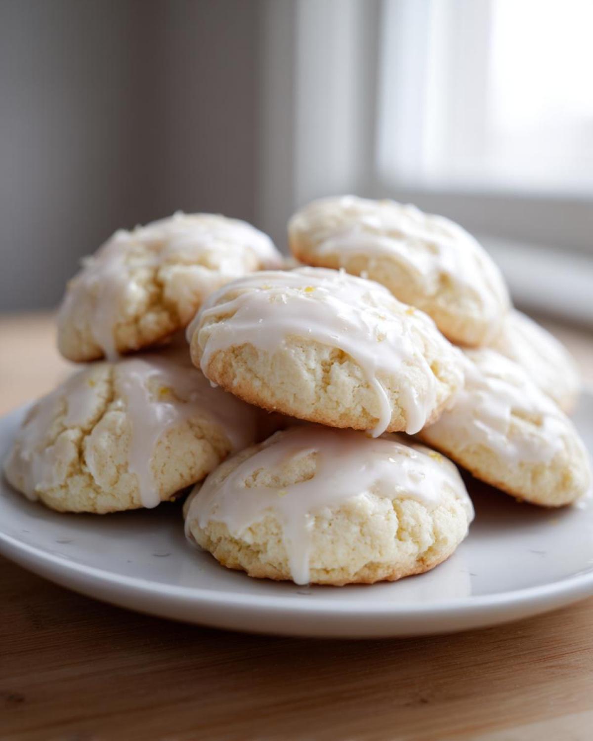 A close-up of a stack of soft ricotta cookies topped with a thick, white lemon glaze.