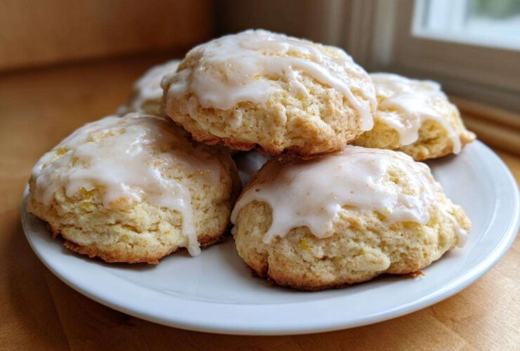 A stack of soft, freshly baked ricotta cookies topped with a sweet white lemon glaze.