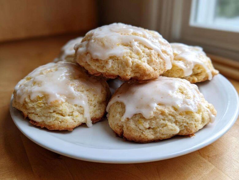 A stack of soft, freshly baked ricotta cookies topped with a sweet white lemon glaze.