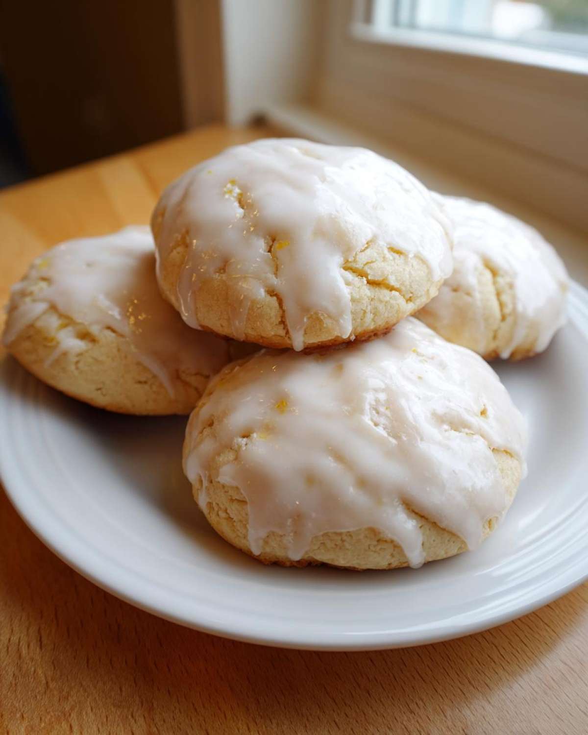 A stack of four soft ricotta cookies topped generously with a thick, white lemon glaze, resting on a white plate.