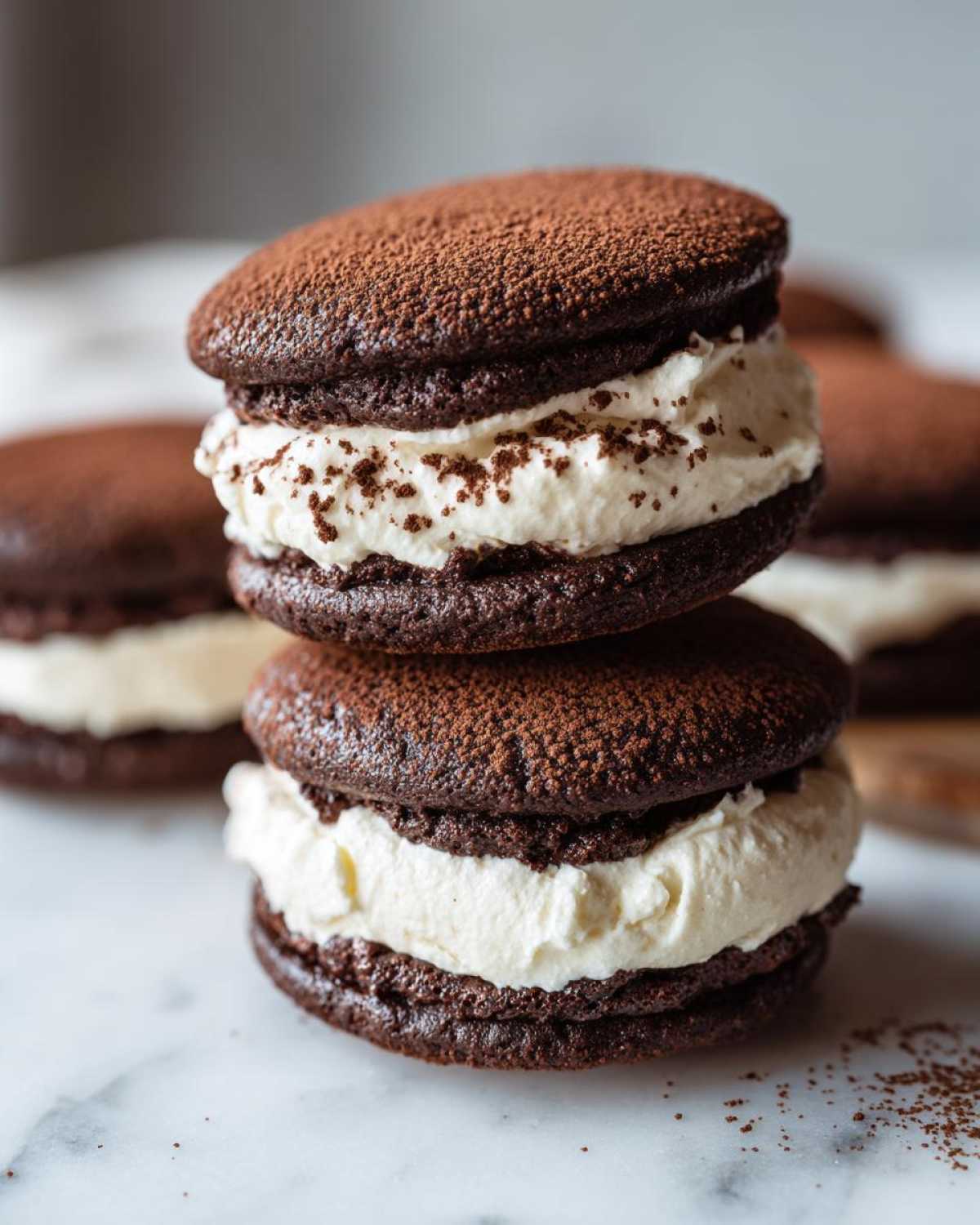 A stack of two rich, dark chocolate tiramisu cookies filled with thick white cream and dusted with cocoa powder.