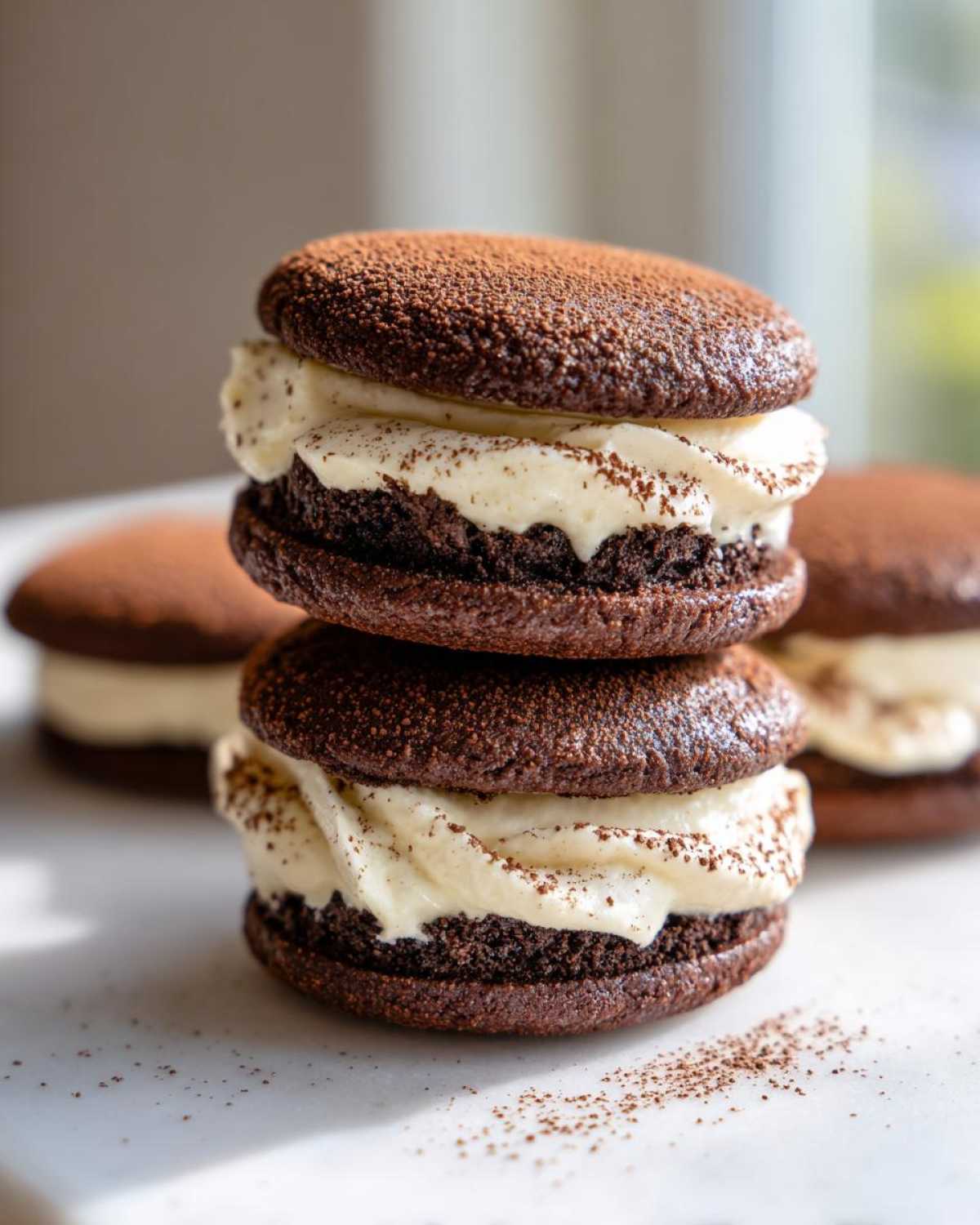Close-up of two stacked chocolate tiramisu cookies filled with creamy mascarpone frosting and dusted with cocoa powder.