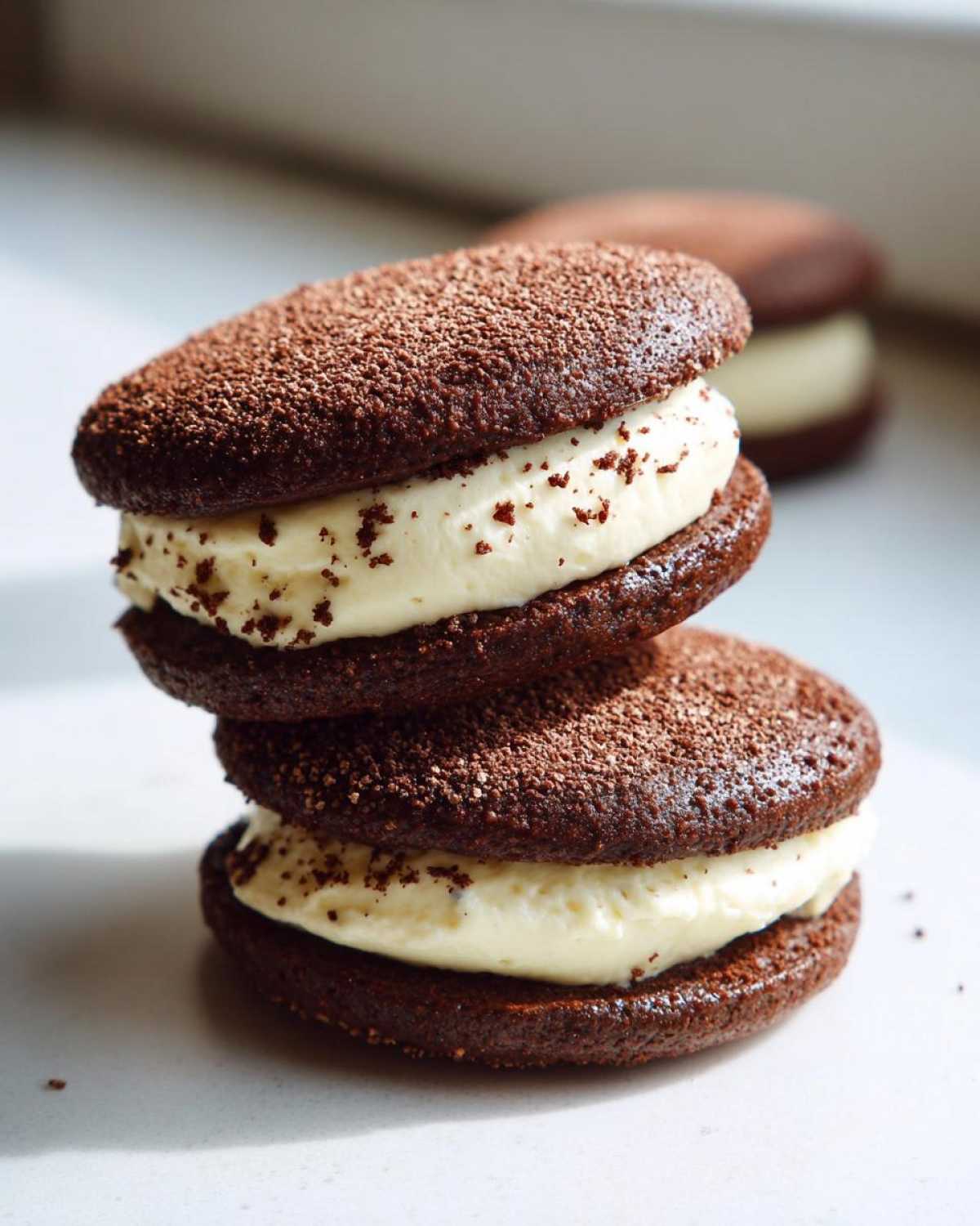 A stack of two soft tiramisu cookies featuring dark chocolate wafers and thick, creamy mascarpone filling.