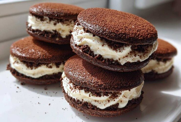 Close-up of stacked, soft tiramisu cookies featuring dark cocoa shells and thick, creamy white filling dusted with cocoa powder.