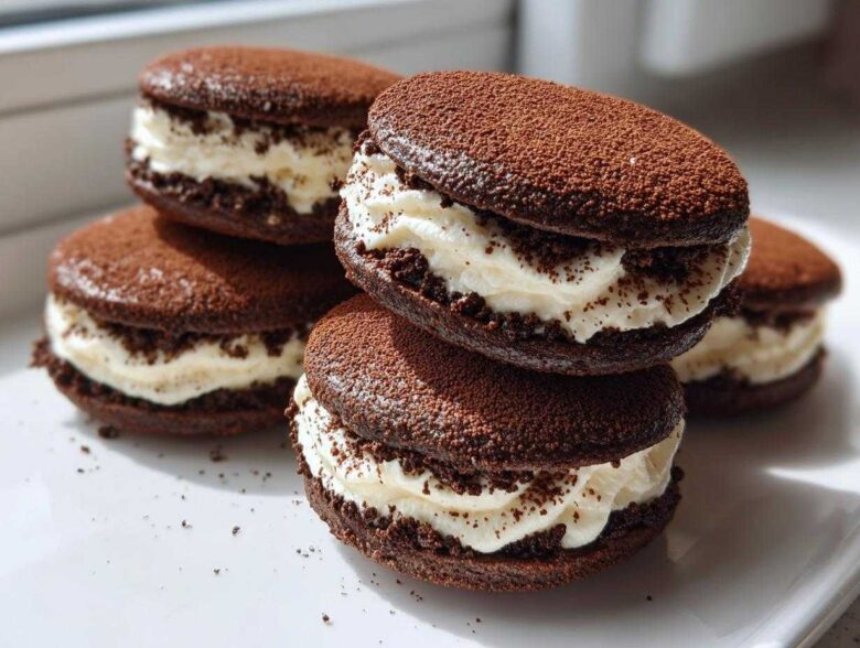 Close-up of stacked, soft tiramisu cookies featuring dark cocoa shells and thick, creamy white filling dusted with cocoa powder.