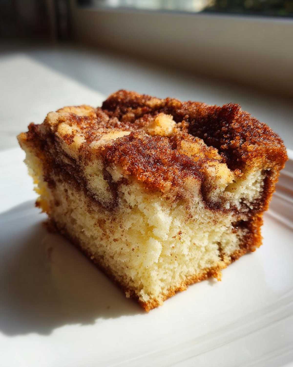 A close-up of a moist slice of sour cream coffee cake featuring a cinnamon swirl and crumbly streusel topping.