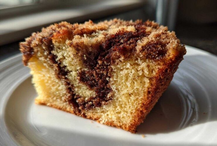 Close-up of a moist slice of sour cream coffee cake showing the yellow cake base, dark cinnamon swirl, and crumbly streusel topping.