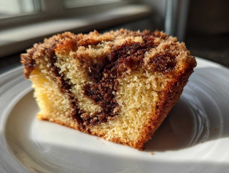 Close-up of a moist slice of sour cream coffee cake showing the yellow cake base, dark cinnamon swirl, and crumbly streusel topping.