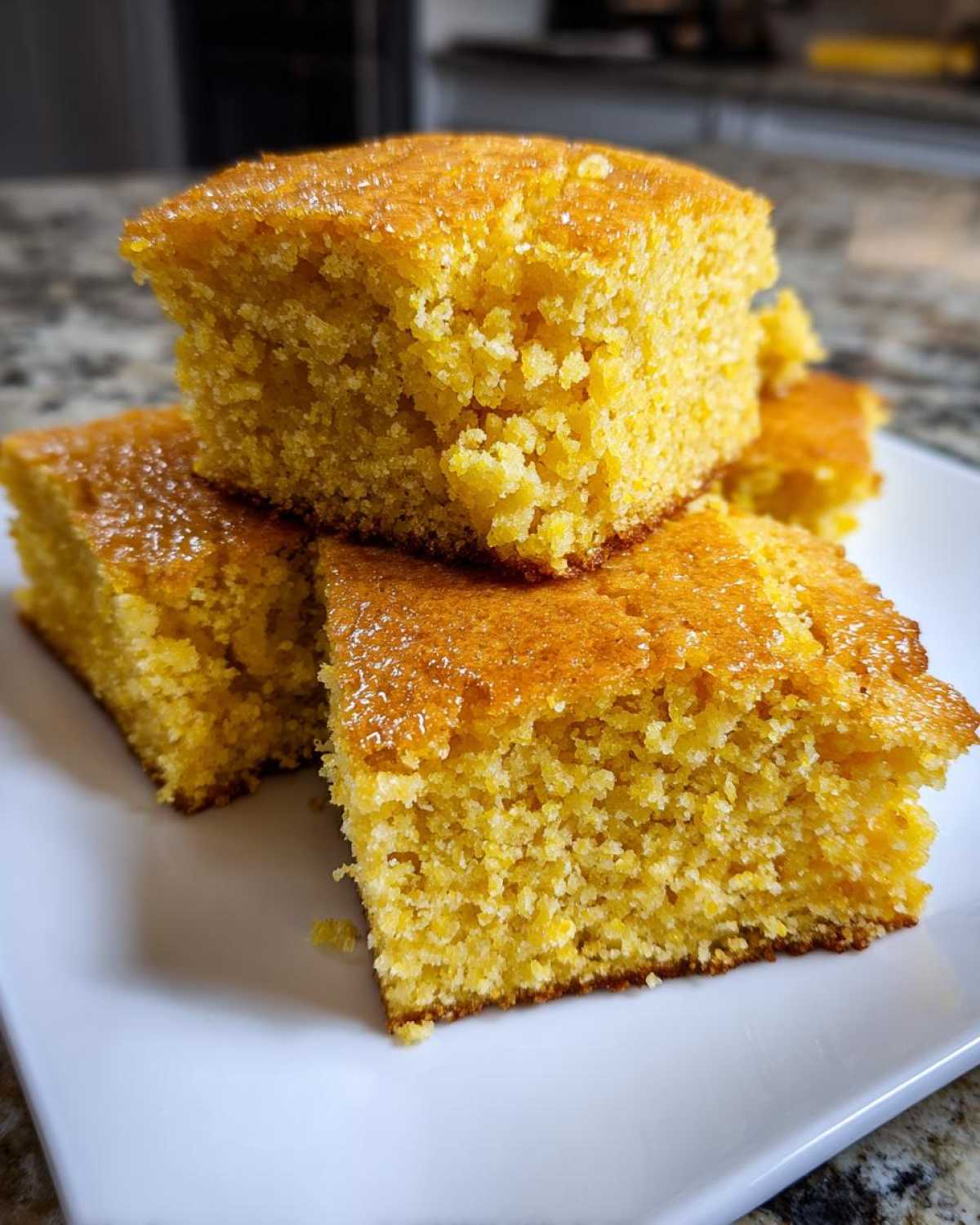 Close-up of three golden, moist slices of sourdough cornbread stacked on a white plate.