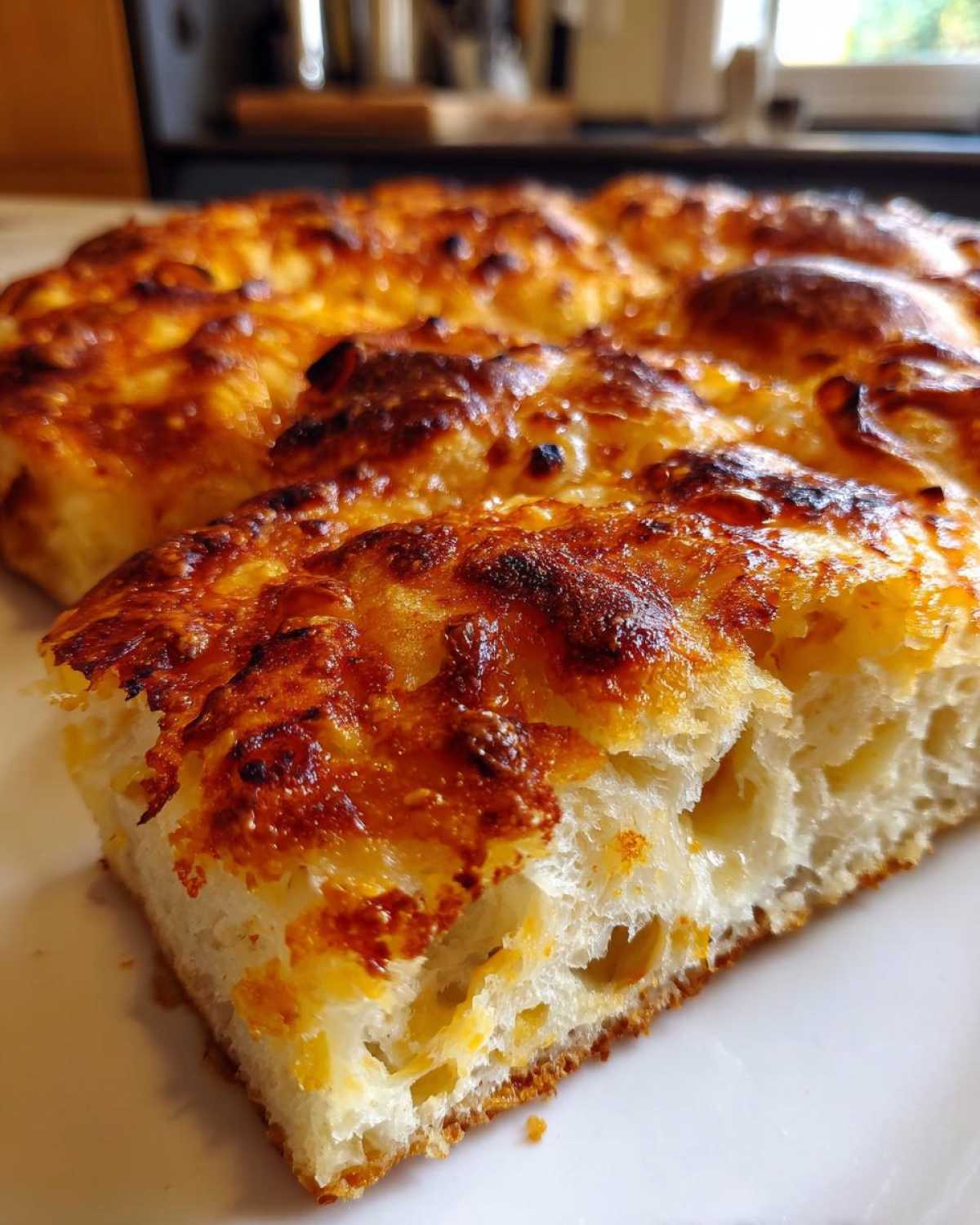 Close-up of a thick slice of baked sourdough discard pizza dough with a bubbly, browned cheese topping.