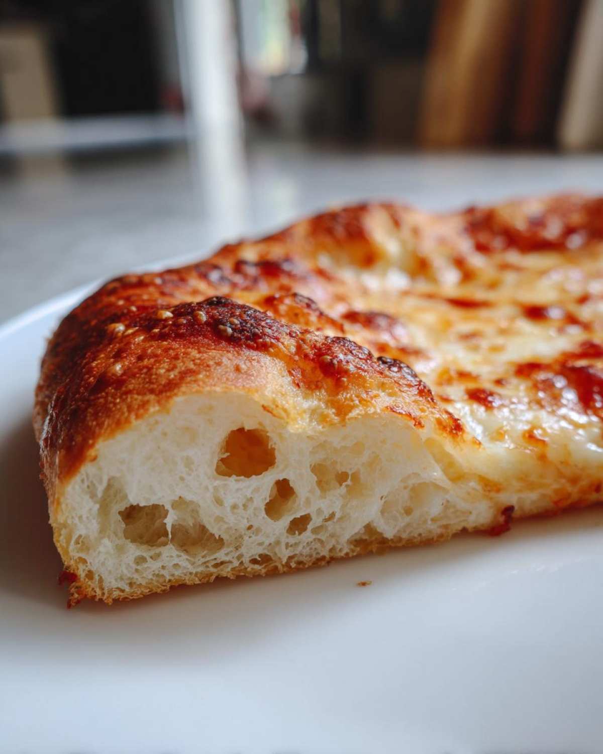 Close-up of a slice of pizza showing the airy, open crumb structure made from sourdough discard pizza dough.
