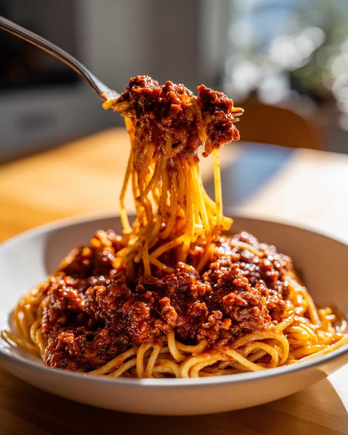 A fork lifts a tangle of spaghetti coated heavily in rich, meaty bolognese sauce from a white bowl.