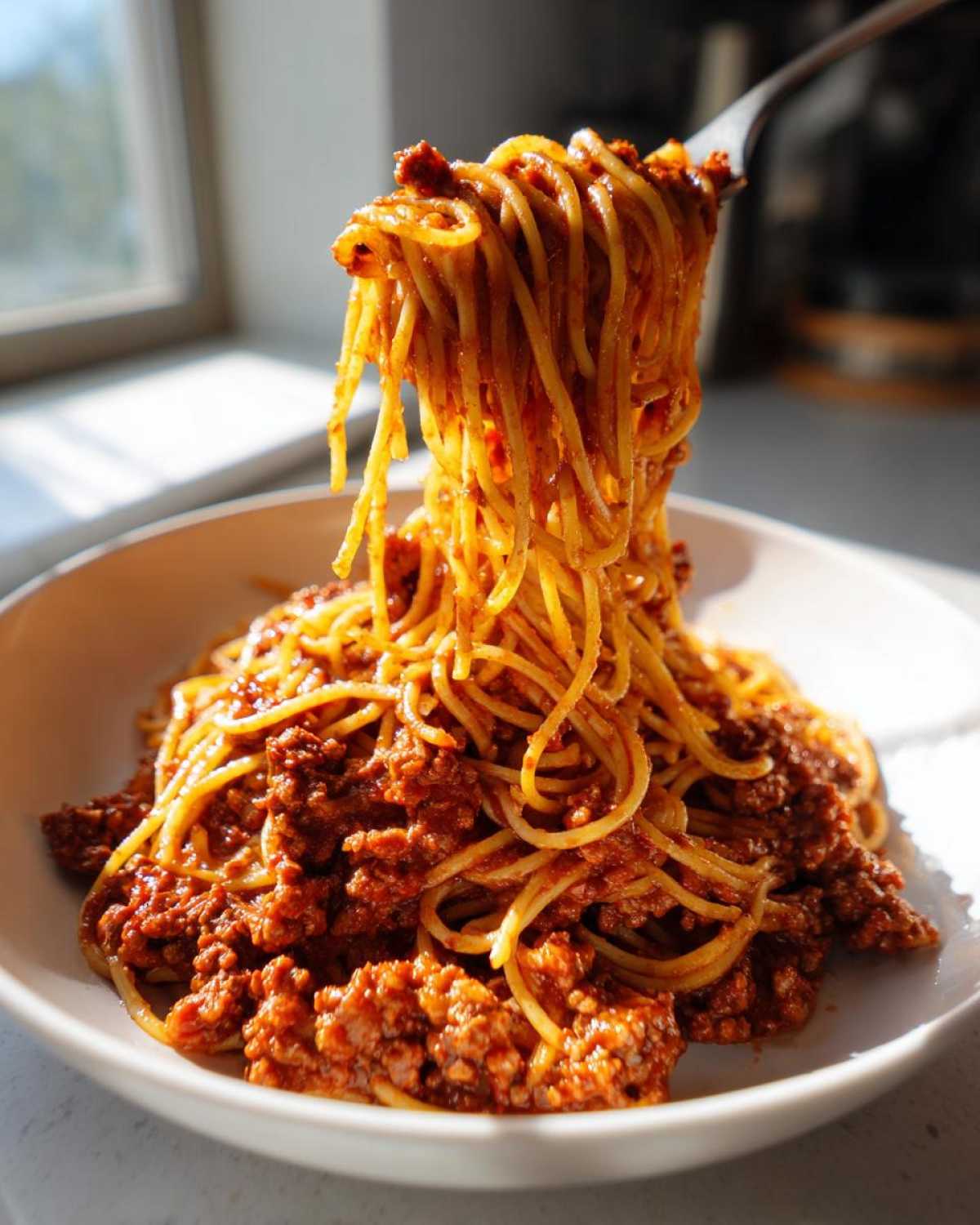 A fork lifting a generous swirl of spaghetti coated in rich bolognese sauce from a white bowl.