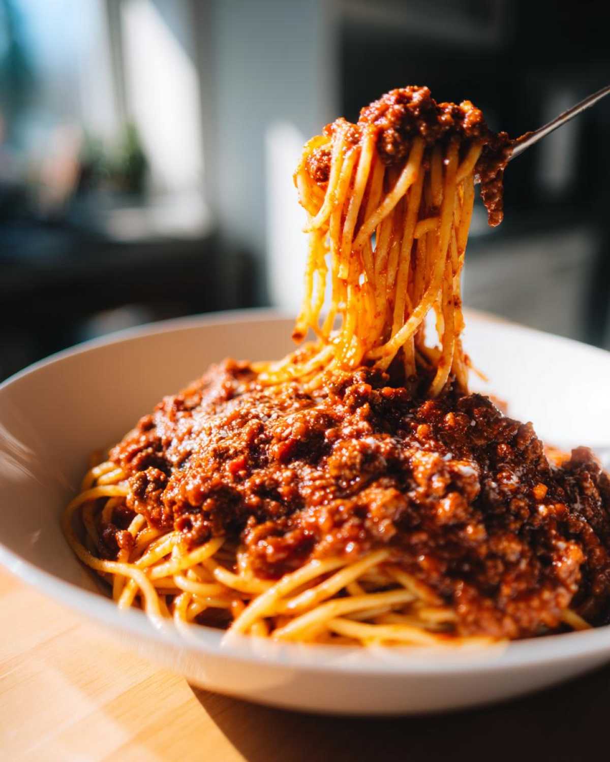 A fork twirls spaghetti coated heavily in rich, meaty bolognese sauce, served in a white bowl.