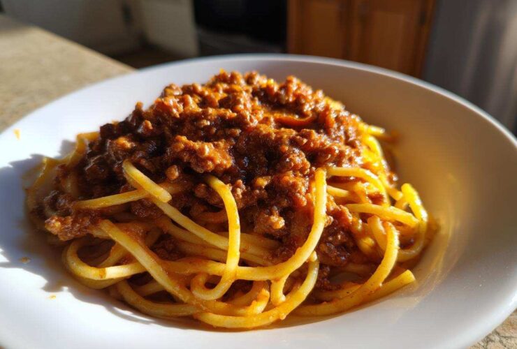 A close-up of spaghetti generously topped with rich, meaty bolognese sauce served in a white bowl.