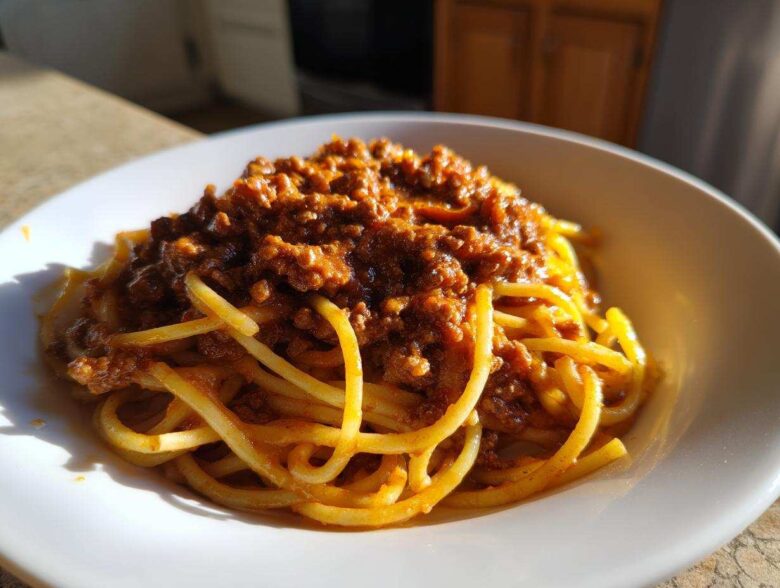A close-up of spaghetti generously topped with rich, meaty bolognese sauce served in a white bowl.