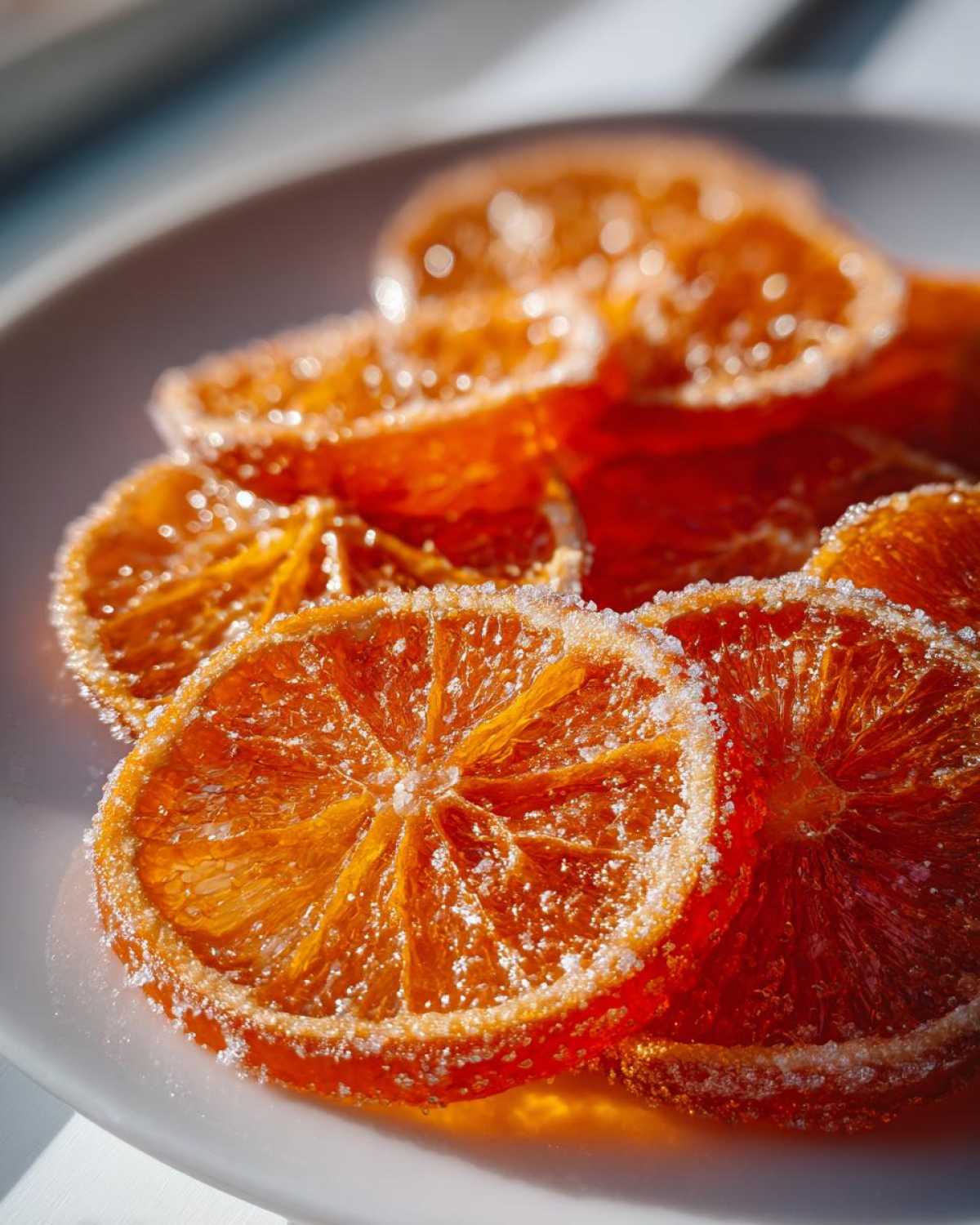 Close-up of glistening candied orange slices coated in sugar, highlighting the texture of the candied orange slices.