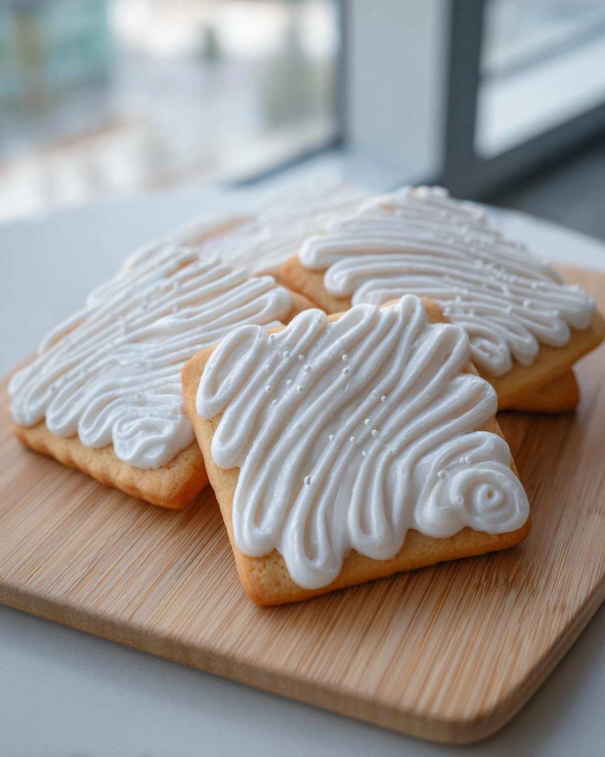 Four square sugar cookies topped with thick, piped white sugar cookie icing recipe decoration.