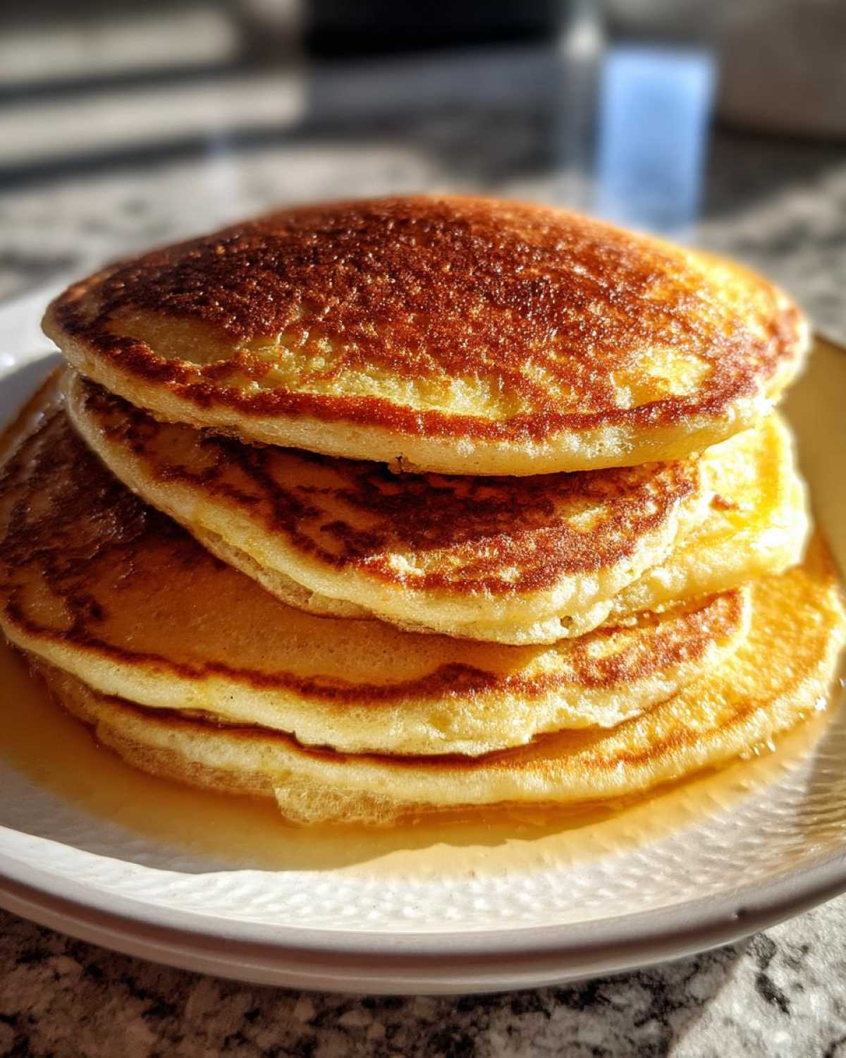 A tall stack of fluffy almond flour pancakes drizzled with syrup, perfectly golden brown.