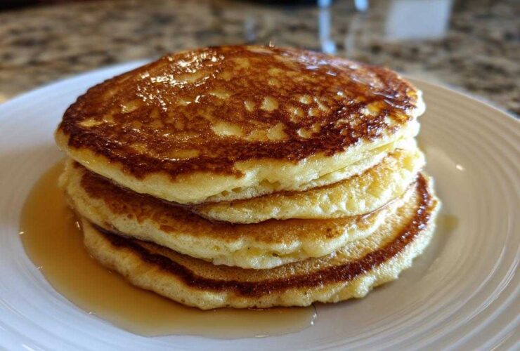 A delicious stack of four golden brown almond flour pancakes drizzled with syrup on a white plate.