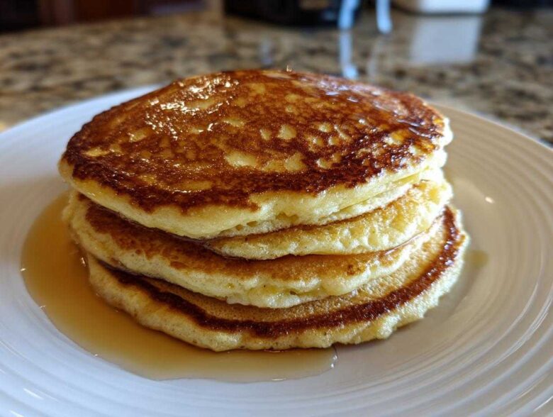 A delicious stack of four golden brown almond flour pancakes drizzled with syrup on a white plate.