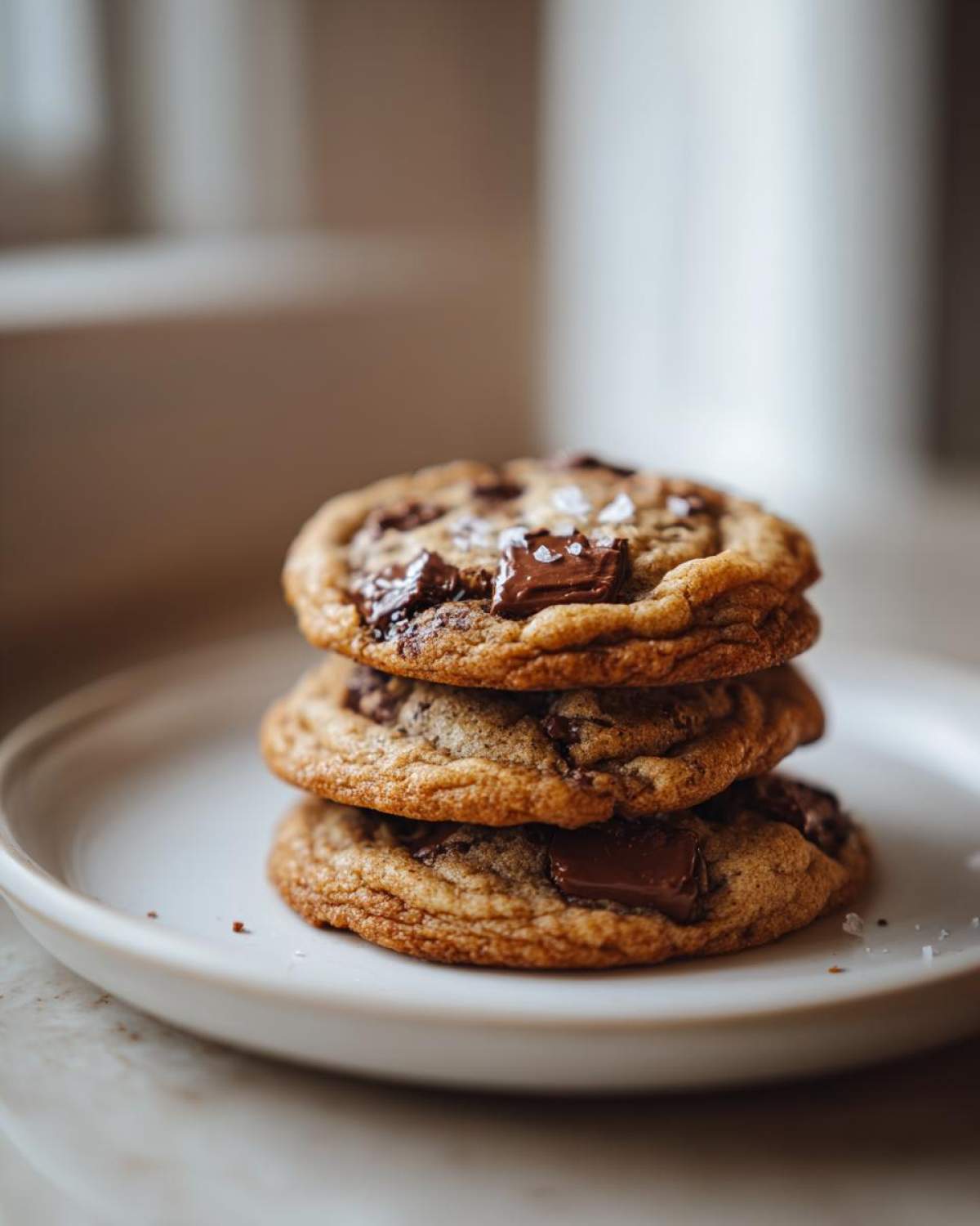 A stack of three thick, chewy chocolate chip cookies topped with melted chocolate chunks and flaky sea salt.