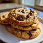 A stack of three thick, chewy chocolate chip cookies sprinkled with flaky sea salt, bathed in sunlight.