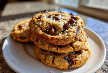 A stack of three thick, chewy chocolate chip cookies sprinkled with flaky sea salt, bathed in sunlight.
