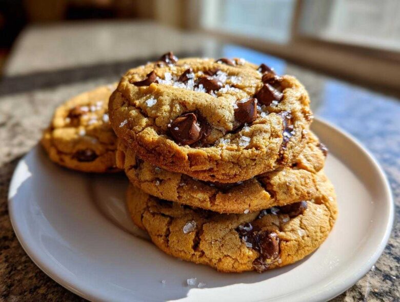 A stack of three thick, chewy chocolate chip cookies sprinkled with flaky sea salt, bathed in sunlight.