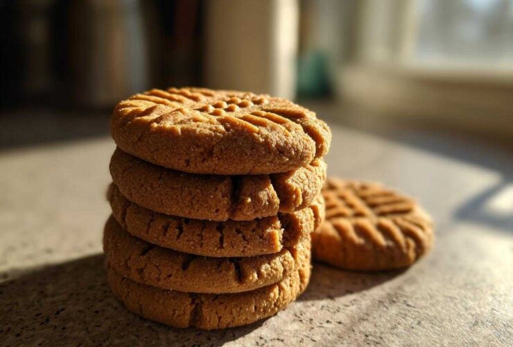 A stack of four perfectly textured Easy Peanut Butter Cookies with fork marks, sitting on a counter in warm sunlight.